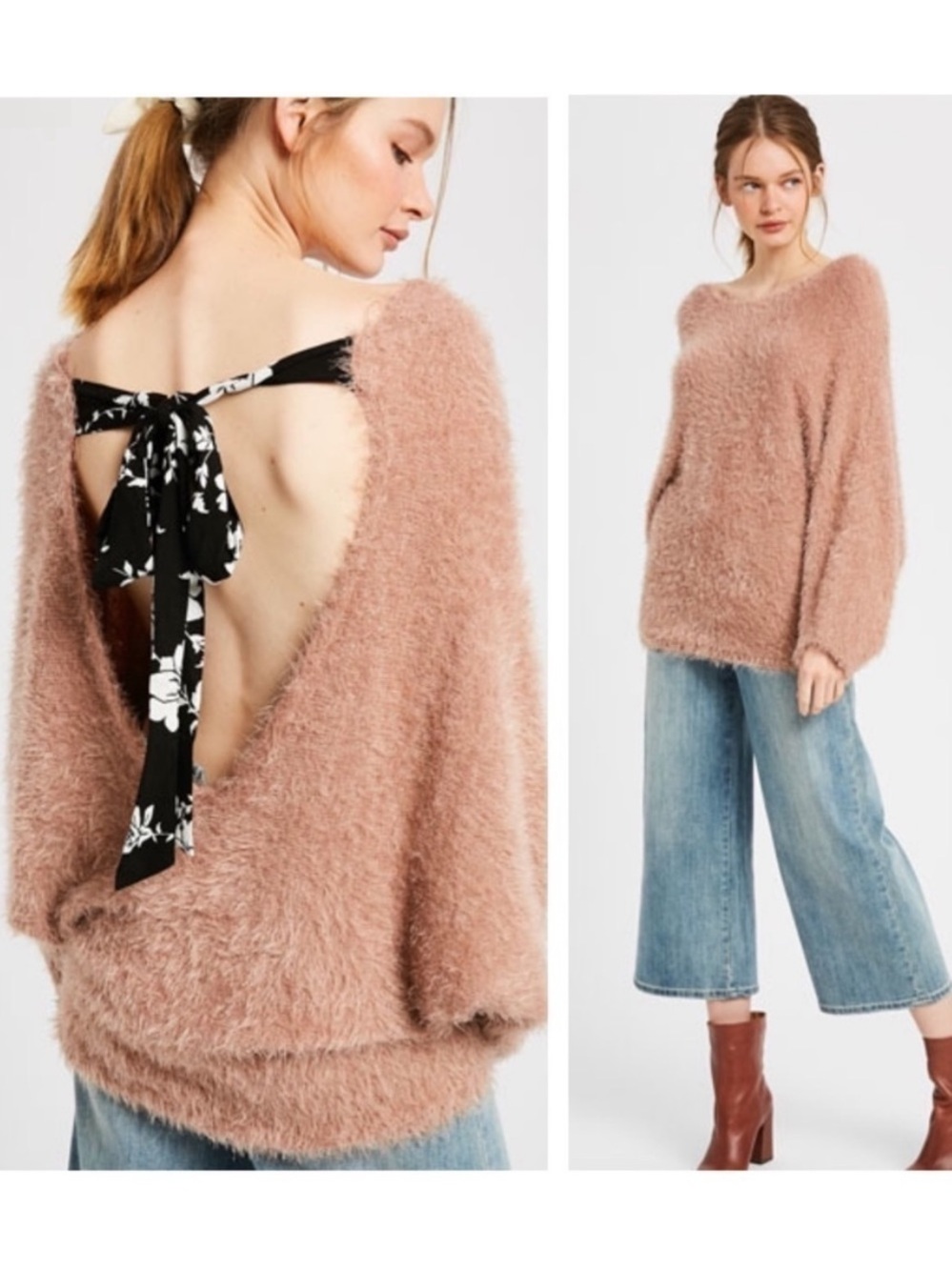 NWT WISHLIST Mauve Open V-Back with Floral Tie Soft Fuzzy Sweater Dolman Sleeves